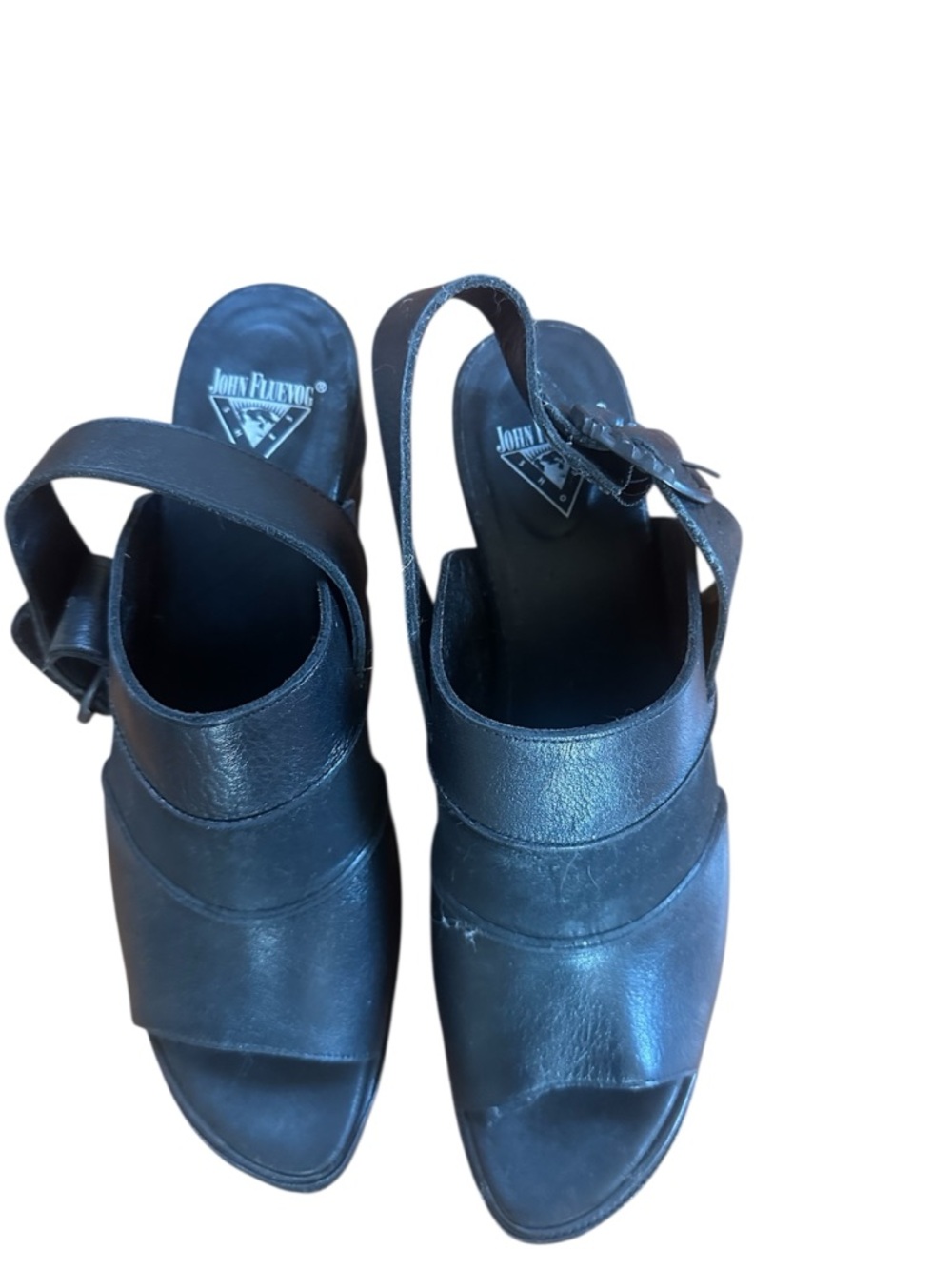 John Fluevog Black Leather Open-Toe Slingback Mules with Buckle